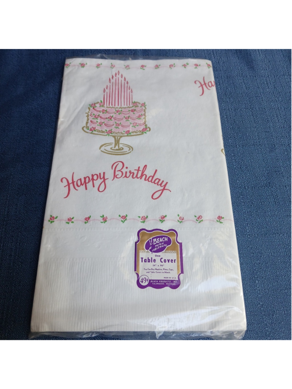 Vtg NOS Happy Birthday W/roses Paper Table Cover 54x96 Beach Kalamazoo, MI